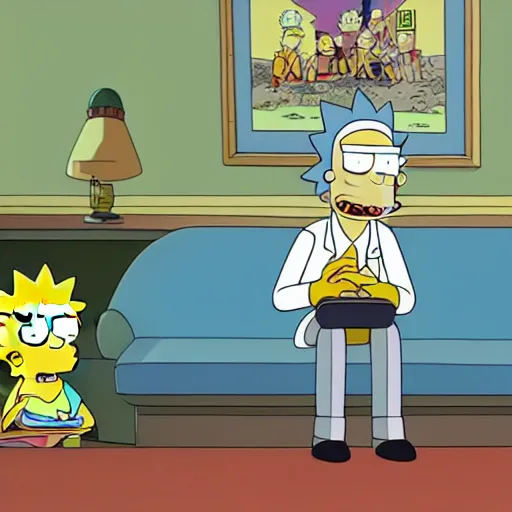 Image similar to Rick & Morty starring in the simpsons couch-gag