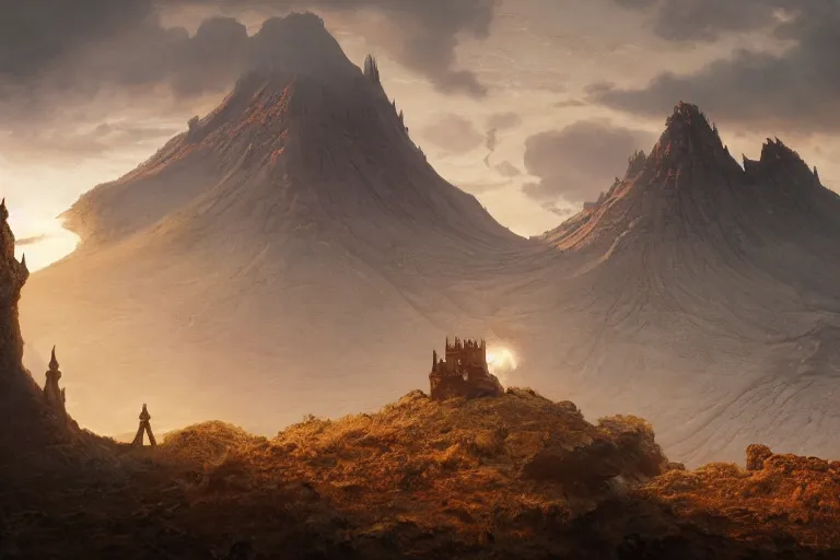 Image similar to single small fantasy castle, highly detailed, oon a barren landscap, volcanoe in background with lavaflows in the foreground, illustrated by Greg Rutkowski and Gaston Bussiere, 35mm lens, beautiful macro close-up imagery, lush lighting, beautiful volumetric-lighting-style atmosphere
