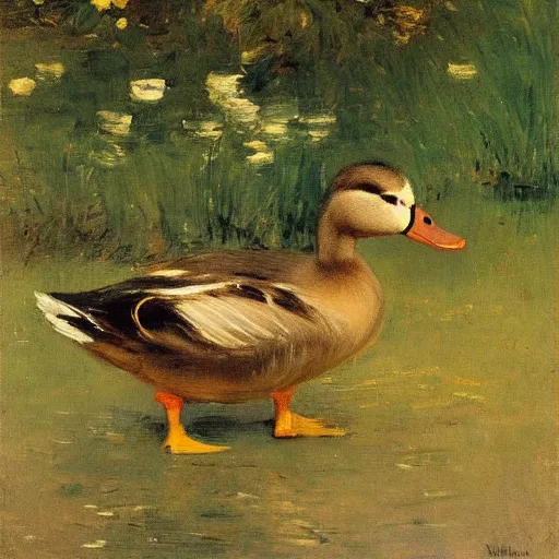 Prompt: a duck on the prowl oil painting william merritt chase