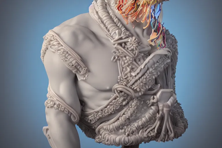 Image similar to a beautiful porcelain Baroque style bust of handsome young Spanish man with colored pipecleaners coming out of the neck suspended in space, photorealism, octane render, depth of field, 8k, 35mm, artgem, Trending on artstation