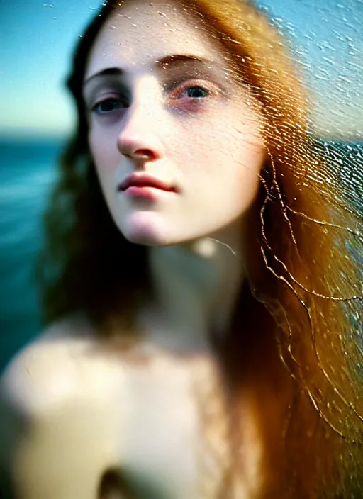 Image similar to Kodak Portra 400, 8K, soft light, volumetric lighting, highly detailed, britt marling style 3/4, extreme Close-up portrait photography of a beautiful woman how pre-Raphaelites with half face in the water, the hair floats on the water, a beautiful lace dress and hair are intricate with highly detailed realistic beautiful flowers , Realistic, Refined, Highly Detailed, natural outdoor soft pastel lighting colors scheme, outdoor fine art photography, Hyper realistic, photo realistic