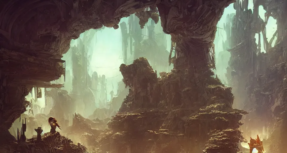 Image similar to A beautiful digital painting sci-fi ruins by Stanley Artgerm Lau, frank frazetta, Rossdraws, James Jean, gerald brom, Andrei Riabovitchev, Marc Simonetti, and Sakimichan, trending on artstation