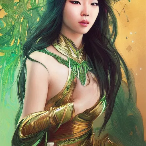 Image similar to Portrait of very very very very very very beautiful Asian woman, spacesuit, green eyes, intricate, elegant, highly detailed, digital painting, artstation, concept art, smooth, sharp focus, illustration, art by artgerm and greg rutkowski and alphonse mucha