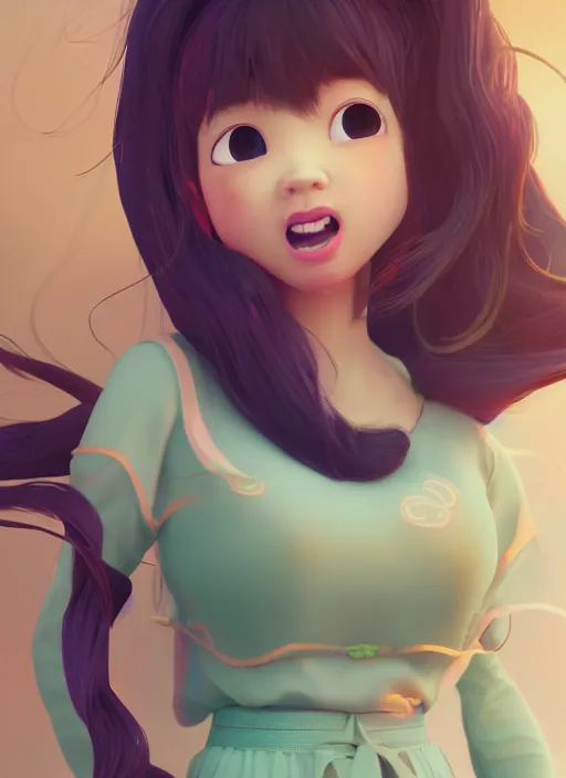 Prompt: a cute asian girl singing, flowing hair in the style of pixar animation, full body shot, viewed from bellow, award winning, hyper detailed, studio lighting, artstation, octane renderer, unreal engine