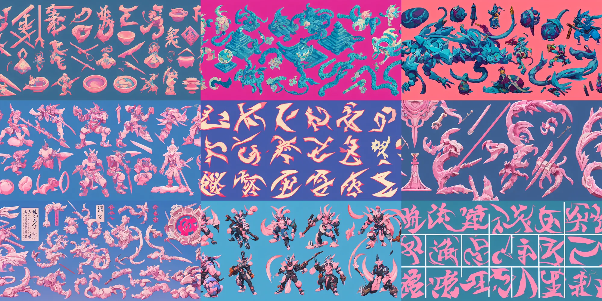 Prompt: game asset of japanese ceramic motifs, in gouache detailed paintings, props, stylized, 2 d sprites, kitbash, arcane, overwatch, blue and pink color scheme, 8 k, close up