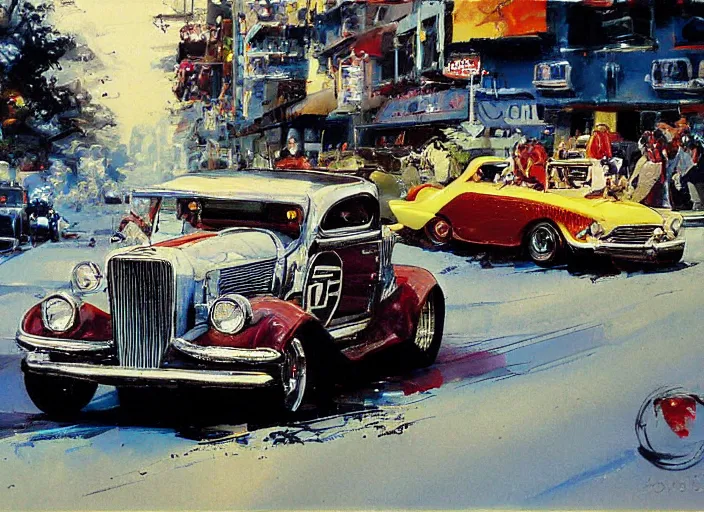 Image similar to hotrods driving down a street , vintage, highly detailed, by John Berkey