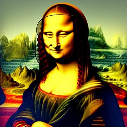 Image similar to mona lisa wearing a astronaut helmeted suit. painted by leonardo davinci