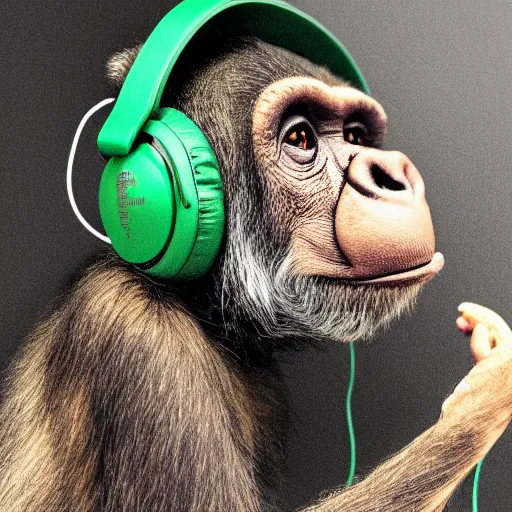 Image similar to a high quality photo of a green chimp wearing headphones, realism, 8k