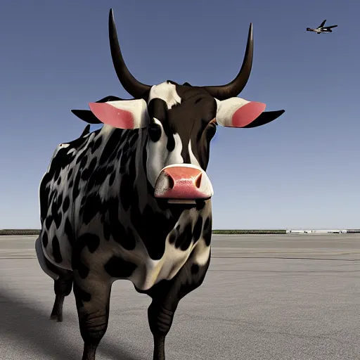 Image similar to a highly detailed ultra realistic photograph of a cow dressed in a fighter jet jumpsuit and mask