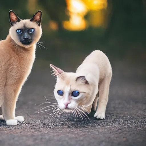 Image similar to professional photograph of a siamese cat looking at a dog