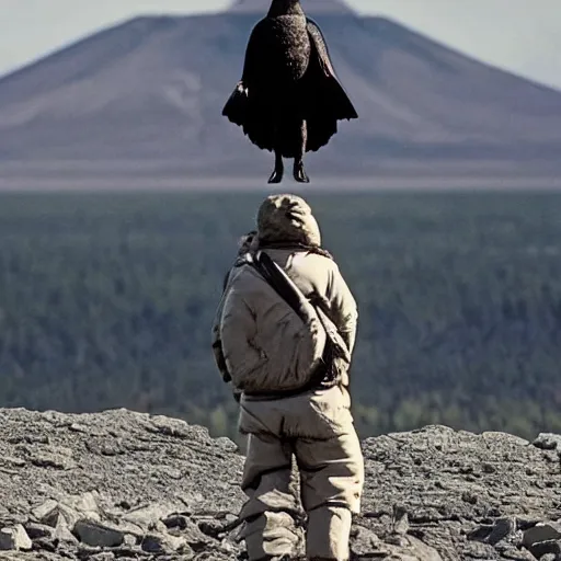 Prompt: a canada goose standing on darth Vader's shoulders in the death stat