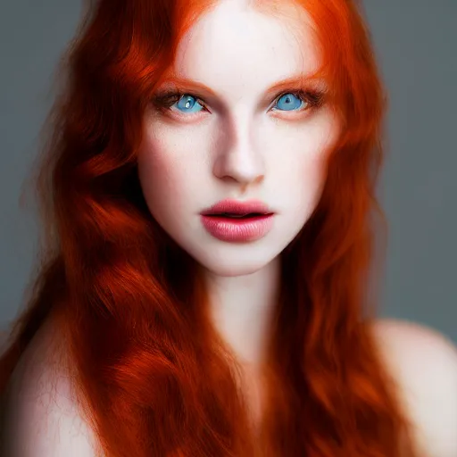 Prompt: A beautiful redhead, sweet, green eyes, seductive expression, modelsociety, raytracing, studio lighting, slight imperfections, intricate, Sony a7R IV, symmetric balance, polarizing filter, Photolab, Lightroom, 4K, Dolby Vision, Photography Award