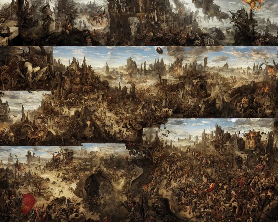 Image similar to doom eternal by jakub rozalski, garden of eternal delights hell by hieronymus bosh, triumph of death by pieter brueghel, doom eternal by hieronymus bosh, sharp focus panorama