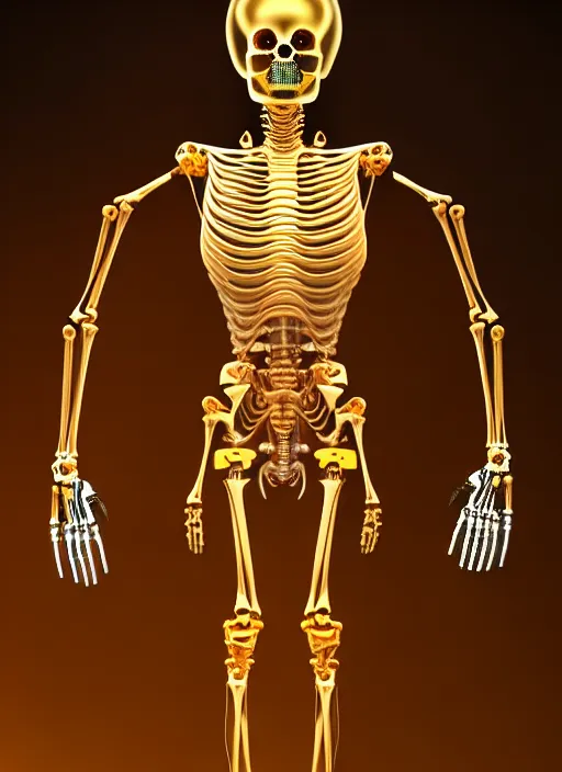 Prompt: full body rendering of a futuristic female golden mechanical skeleton with human face, wires, glowing internal light, hyperdetailed illustration by irakli nadar and alex grey, intricate linework, faberge, intricate gold linework, dark atmosphere, unreal engine 5 highly rendered, global illumination, radiant light, detailed and intricate environment