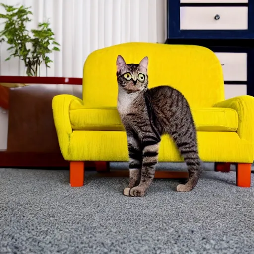 Image similar to cat in living room, cat wearing mustard yellow leisure suit, 7 0's decor, shag carpet, 4 k, 8 k, ultra detailed