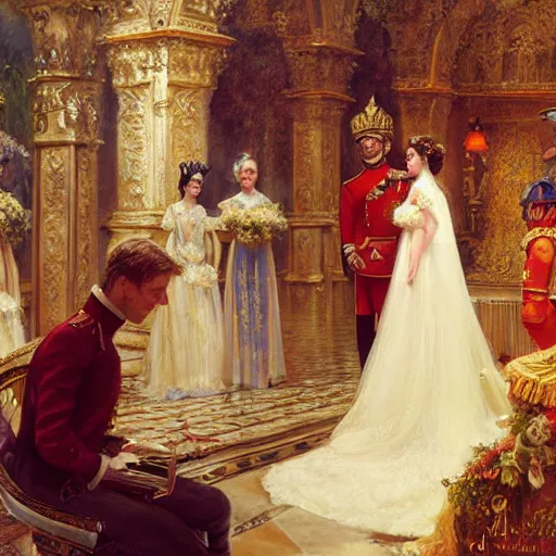 Image similar to the official painting of prince william and bella hadid's royal wedding, showing the skill of artists gaston bussiere, craig mullins, j. c. leyendecker 8 k, watercolor, royal painting, painting, traditional art, royal wedding