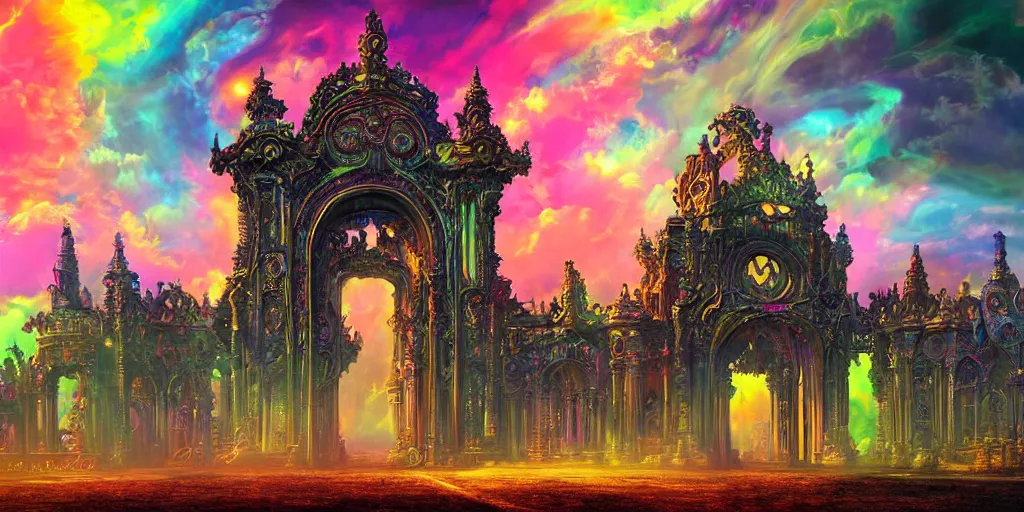 Prompt: [ palate ] [ nebulous energy ] [ muted neon colors ] intricate giant victorian style gateway to purgatory, paisley cloud pattern, god at the gate, award winning composition, vibrant neon nebulous clouds, symmetrical details, hyper realistic illustration, radiant light rays, photorealistic illustration, intricate and fine details, volumetric lighting, artstation