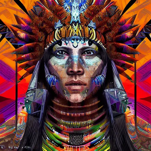 Prompt: digital painting of a warrior shaman with geometric patterns and animals by android jones