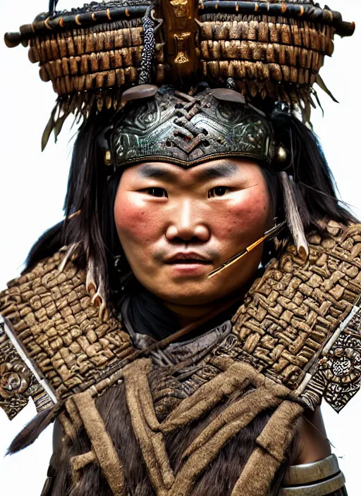 Image similar to tai warlord closeup portrait, historical ethnic group, traditional tai costume, bronze headset, leather armor, fantasy, intricate with dong son bronze artifacts