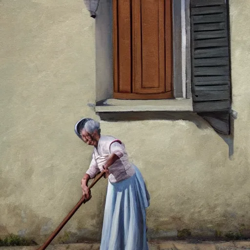 Prompt: a painting of an elderly woman brushing the floor in a french village with her aged broom, painted by monia merlo, artstation