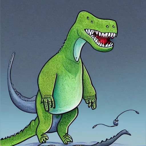 Image similar to cartoon dinosaur, happy, antropomorphic, illustration, highly detailed, art by kyle ferrin