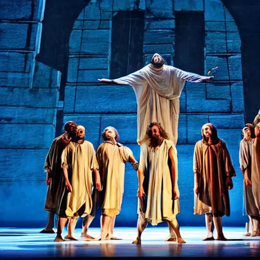 Prompt: award winning Production photo of passion of the christ the musical on broadway, dancing, singing, costumes by Julie Taymor, set design by Julie Taymor