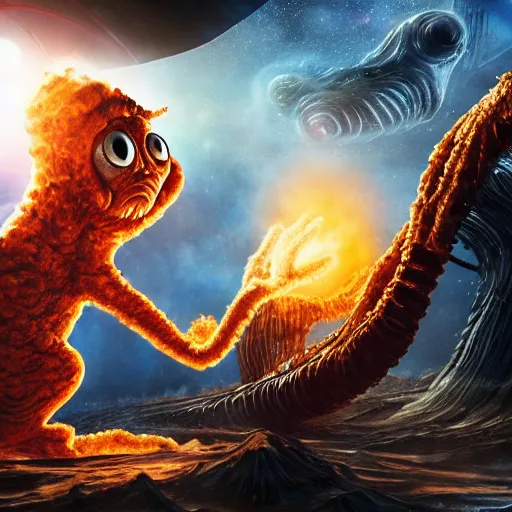 Image similar to eldritch horror bloody garfield in space, hd, 8 k, giant, epic, realistic photo, unreal engine, stars, prophecy, powerful, cinematic lighting, destroyed planet, debris, violent, sinister, ray tracing, dynamic, epic composition, dark, horrific, teeth, grotesque, monochrome drawing