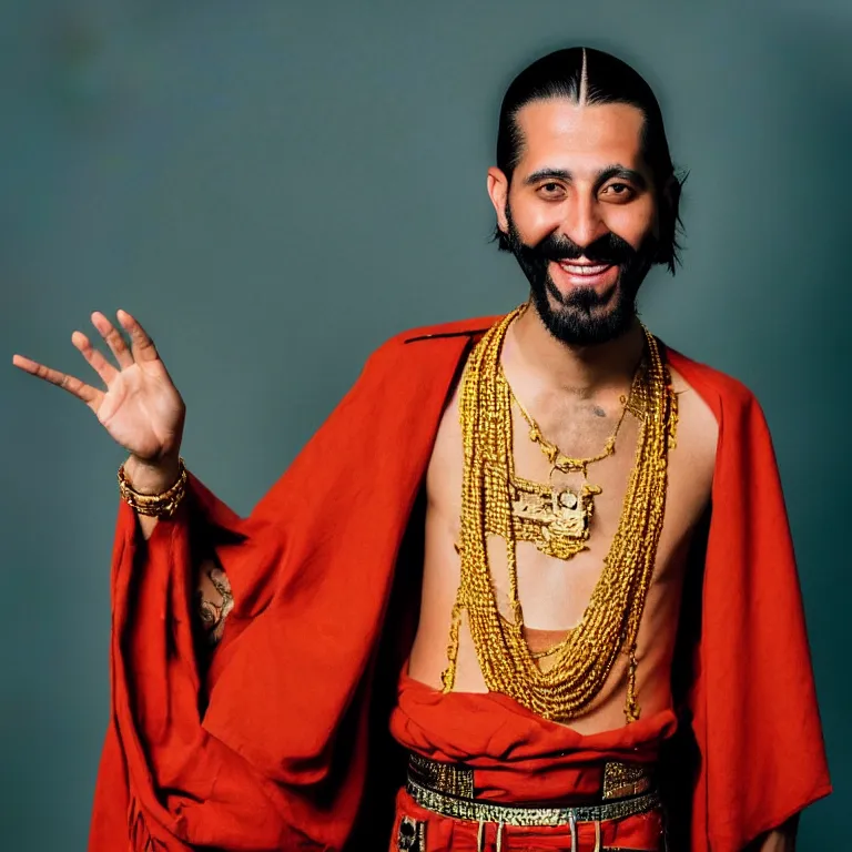 Prompt: A photo of Emperor Kuzco!!!!!!!!!!!!!!!! in his early 20s, with his long hair, his facial hair shaved, smiling with confidence, and wearing!!! his emperor clothes. Portrait by Terry Richardson. Golden hour. 8K. UHD. Bokeh.