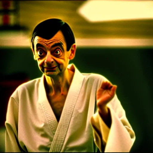 Prompt: mr. bean as the karate kid. movie still. cinematic lighting.