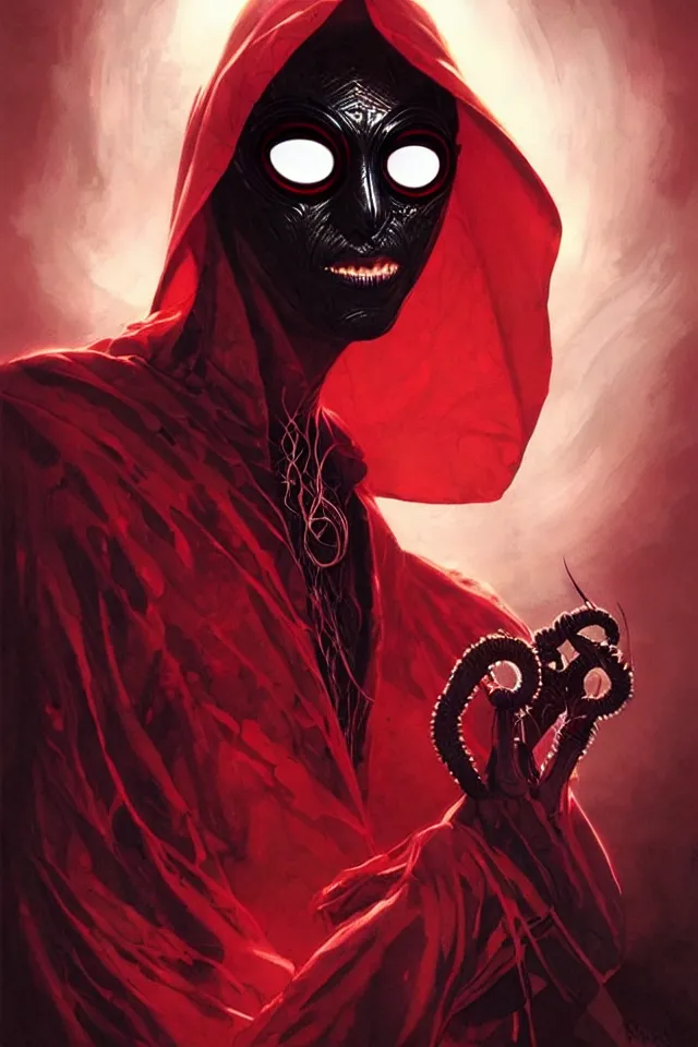 Prompt: a striking portrait of a pitch black masked eldritch shaman with sinister red eyes by moebius and ross tran and artgerm deta