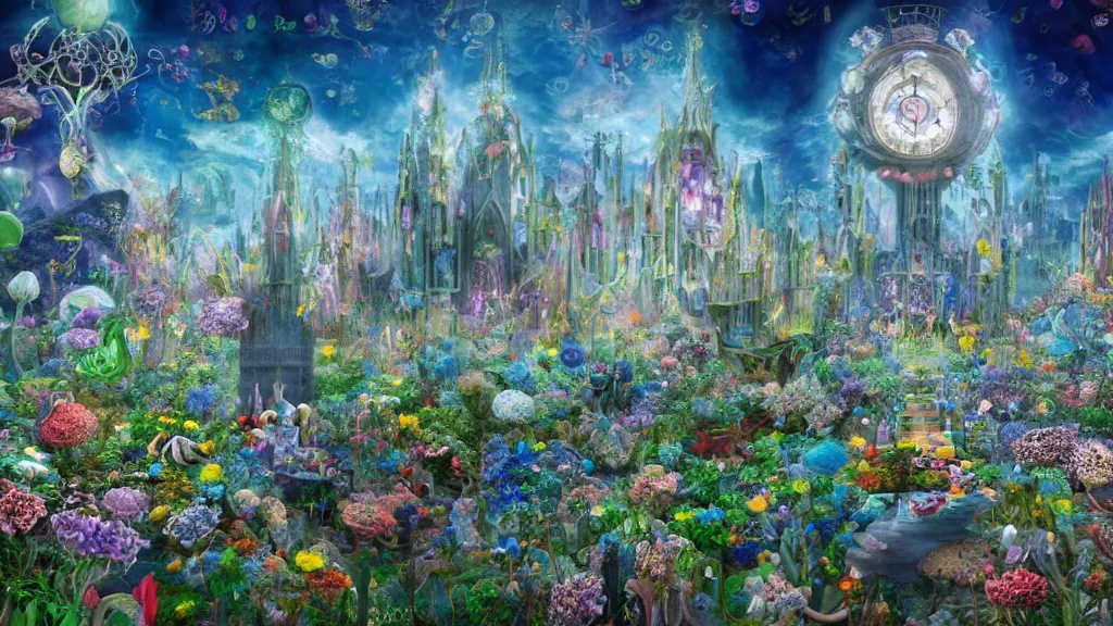 Image similar to a centered render of intricate modular synthesizer of alice in wonderland, shining its light across a tumultuous sea of flowers, undersea animals and gothic crystal church by dorothea tanning and salvador dali, trending on artstation, cyber punk, soft light color, unreal engine, high detailed, 8 k