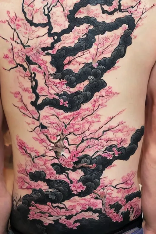 Image similar to back tattoo of cherry blossom tree floating over a tidal wave, in japanese traditional art style