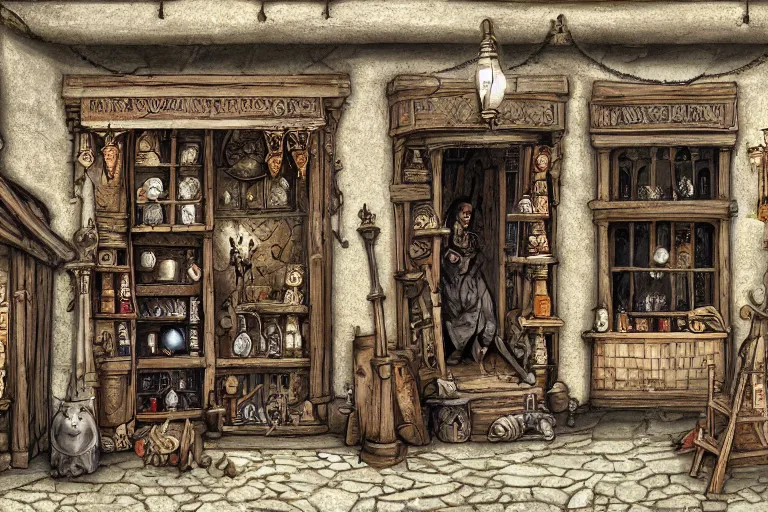 Image similar to A medieval magic shop viewed from the outside, magic items, magic, texture, intricate, details, highly detailed, masterpiece, architecture, building, trending on artstation, focus, sharp focus, concept art, digital painting, fantasy, sunny, day, midday