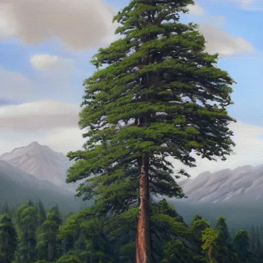 Image similar to A huge mountain with a giant tree on the top, view from far away, oil painting,