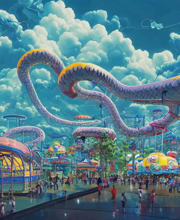 Image similar to a puffy inflated amusement park made out of fat seamless alien snakes, in the style of an aerodynamic obese robot, overgrown with thick orchids, partly cloudy, somber, dramatic lighting, by dan mumford, yusuke murata, makoto shinkai, ross tran, cinematic, unreal engine, cel shaded, featured on artstation, pixiv