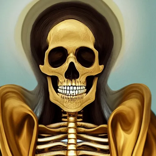 Image similar to a close up portrait of a skeleton dressed like a saint with a gold realistic aura in an old medieval church, 2d, ultra highly detailed, digital painting, smooth, sharp focus, artstation, pixiv, art by Ilya Kuvshinov
