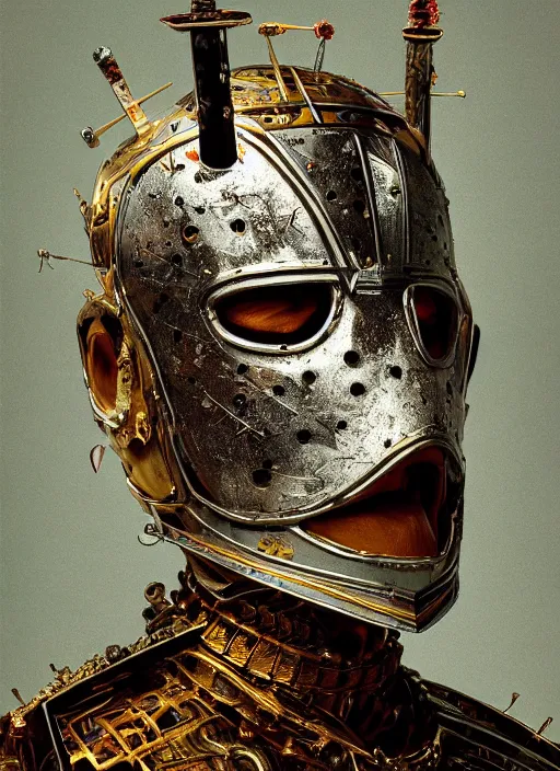 Image similar to portrait of king arthur knight cyborg, kintsugi, modern fine art, fractal, intricate, elegant, highly detailed, digital photography, subsurface scattering, by jheronimus bosch and basquiat and greg rutkowski,