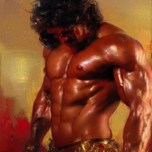 Image similar to greek god, muscular, red and gold, detailed face, thighs, painting by Gaston Bussiere, Craig Mullins