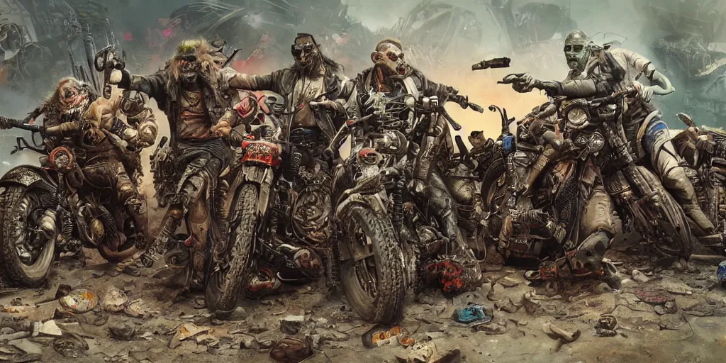 Image similar to psychedelic post apocalyptic orcish biker gang, incredibly detailed motorcycles, sharp focus, psychedelic colors, artstation, cgsociety