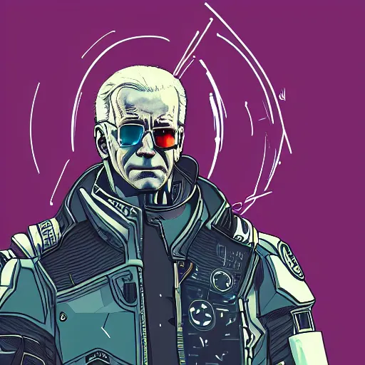 Prompt: cyberpunk joe biden as the leader of a futuristic communist nation, cybernetics, sharp lines, digital, artstation, colored in