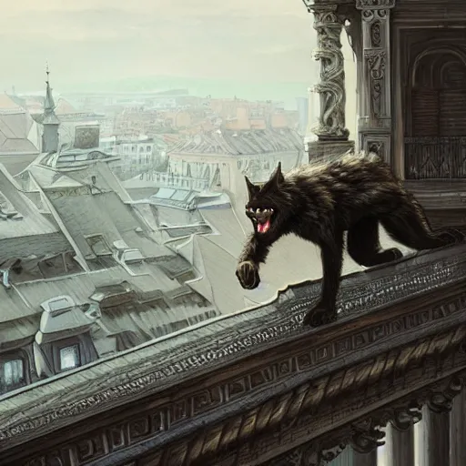 Image similar to werewolf highly sitting on the opera house at lviv, panorama, highly detailed, full body, digital painting, trending on artstation, concept art, sharp focus, illustration, art by artgerm and greg rutkowski and magali villeneuve