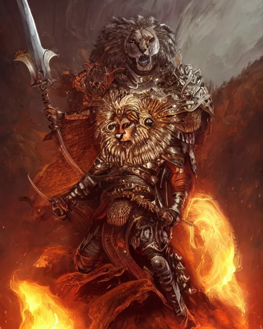 Image similar to Lion, Anthropomorphized, as warlord general on skull throne, holding sword, magic the gathering artwork, D&D, fantasy, cinematic lighting, centered, symmetrical, highly detailed, digital painting, artstation, concept art, smooth, sharp focus, illustration, volumetric lighting, epic Composition, 8k, art by Akihiko Yoshida and Greg Rutkowski and Craig Mullins, heroic pose, oil painting, cgsociety, Battlefield background, explosions, arrows