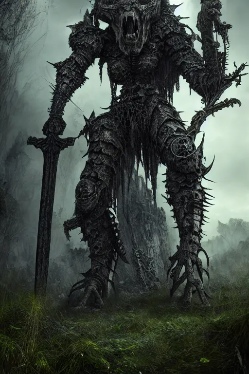 Image similar to post - gothic giant creepy chimera, exoskeleton armor, attacking with axe, dystopian ruins covered in vegetation, highly detailed smooth digital art masterpiece, vitaly bulgarov giger dramatic dark blue light, ground angle hd 8 k, sharp focus