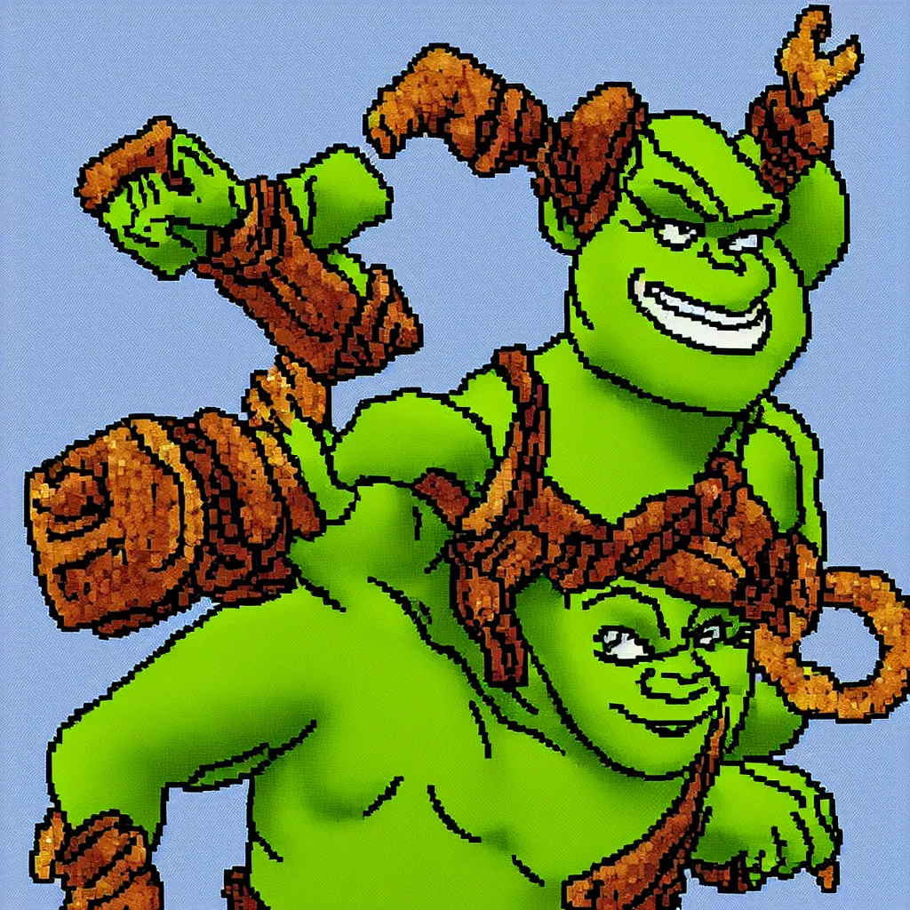 Prompt: pixel art of shrek for a fighting game