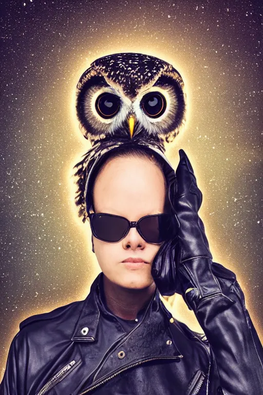 Prompt: front of owl wearing black biker jacket, portrait photo, full body, backlit, studio photo, golden ratio, starry background, black jacket, no human