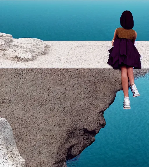 Image similar to a girl wearing a skirt sitting on a cliff overlooking a beach. intricate artwork by Tooth Wu and wlop and beeple. octane render, hyper realism, 8k