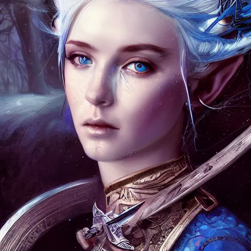 Image similar to detailed photo of elven archer girl, white hair, blue eyes, beautiful, 8 k, by tristan eaton, stanley artgermm, tom bagshaw, greg rutkowski, carne griffiths, trending on deviantart, hyper detailed, glorious lighting, epic environment