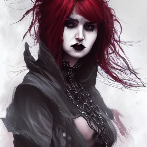 Image similar to a woman wearing a gothic outfit, red hair, highly detailed, digital painting, artstation, concept art, smooth, sharp focus, illustration