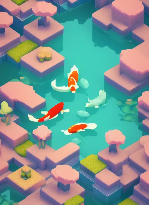 Image similar to pastel cute voxel art of a koi pond, behance, artstation, cute, Japanese, 3d render, unity, beautiful lighting, extremely beautiful, Huang Guangjian and Gil Elvgren and Sachin Teng , Greg Manchess