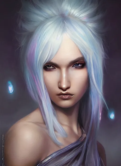 Prompt: girl with iridescent silver hair, beautiful highly detailed face, complementary lighting, backlit, eyeshadow, divine, dramatic lighting, landscape background, beautiful painting by artgerm and greg rutkowski and raymond swanland